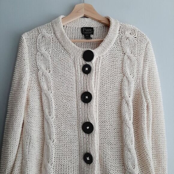 PURE HANDKNIT Chunky Knit Cardigan Sweater Cable Ivory Sz M /L - Picture 2 of 10